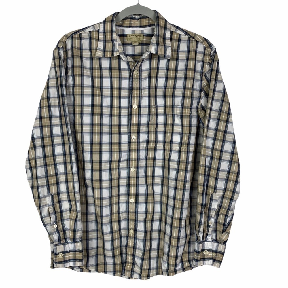 Sonoma Button Down Shirt Men's Medium Tan White Blue Plaid Long Sleeve